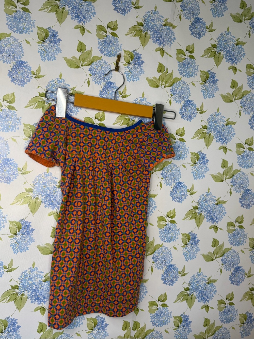Geometric Print Off-Shoulder Mini Dress in Orange and Blue